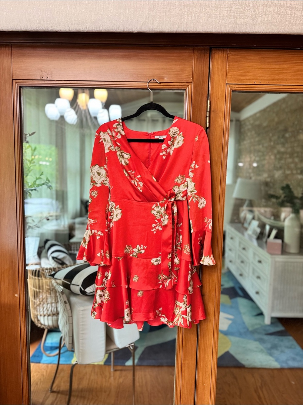 Bar III Red Floral Wrap Dress with Tie Waist - Picture 6 of 12